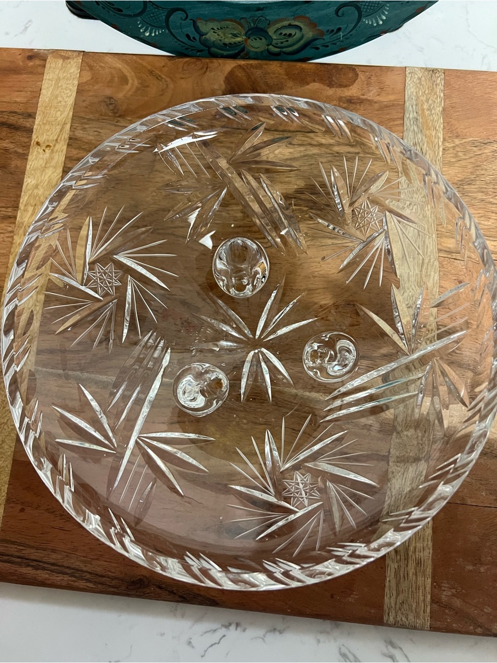VINTAGE 3 footed Cut Crystal Serving Bowl - Clear Etched Design